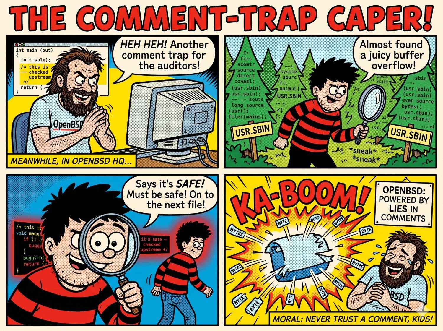 Four-panel comic in Beano style titled THE COMMENT-TRAP CAPER. Panel 1: a bearded OpenBSD developer at a CRT cackles &ldquo;HEH HEH! Another comment trap for the auditors!&rdquo; while typing /* this is — checked upstream */ into source. Panel 2: a Dennis-the-Menace-style auditor with magnifying glass sneaks through a forest labelled USR.SBIN saying &ldquo;Almost found a juicy buffer overflow!&rdquo; Panel 3: the auditor reads &ldquo;it's safe — checked upstream&rdquo; through the magnifier and says &ldquo;Says it's SAFE! Must be safe! On to the next file!&rdquo; Panel 4: KA-BOOM, bytes flying everywhere, the developer laughing, captioned &ldquo;OPENBSD: POWERED BY LIES IN COMMENTS&rdquo; and &ldquo;MORAL: NEVER TRUST A COMMENT, KIDS!&rdquo;