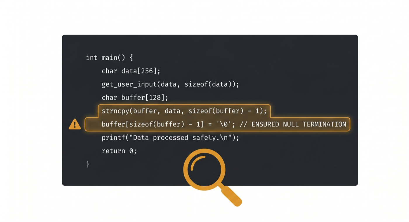 A terminal window showing C source code with a buffer overflow vulnerability highlighted, magnifying glass over the critical line