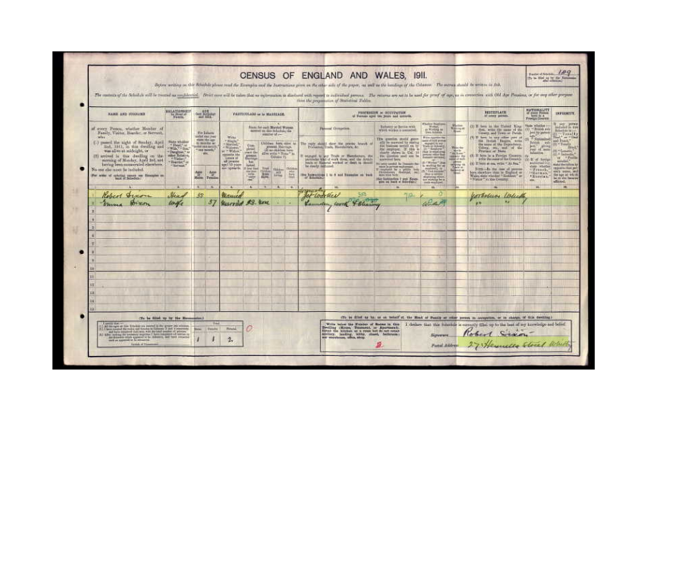 1911 Census of England and Wales showing Robert Dixon, Jet Worker, Henrietta Street, Whitby