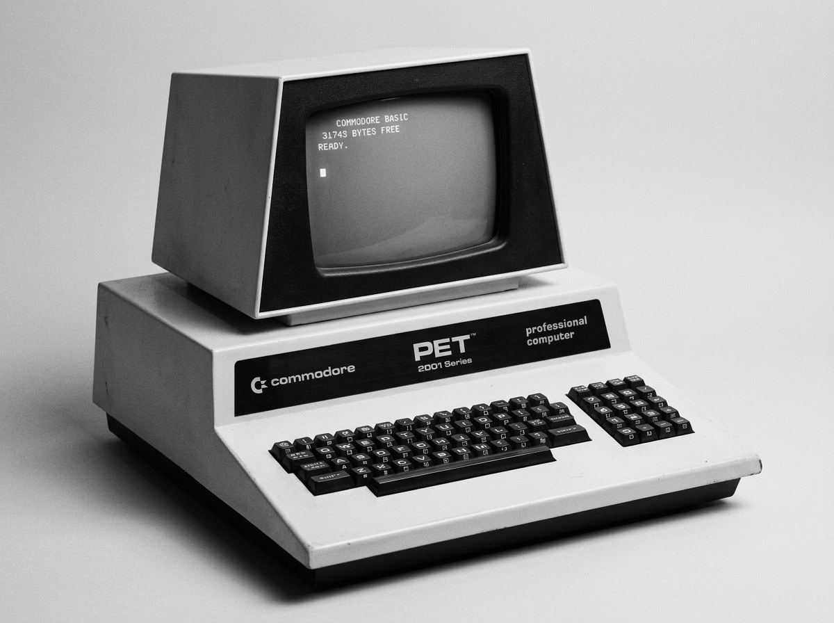 A Commodore PET 2001 Series computer, its screen showing the Commodore BASIC ready prompt.