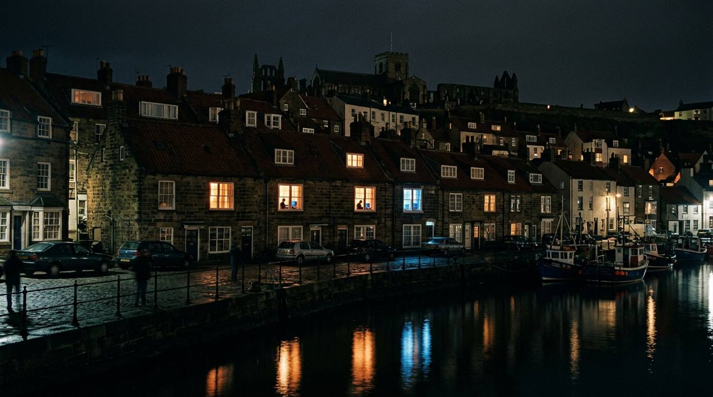 Whitby harbour at night, lit windows above the water